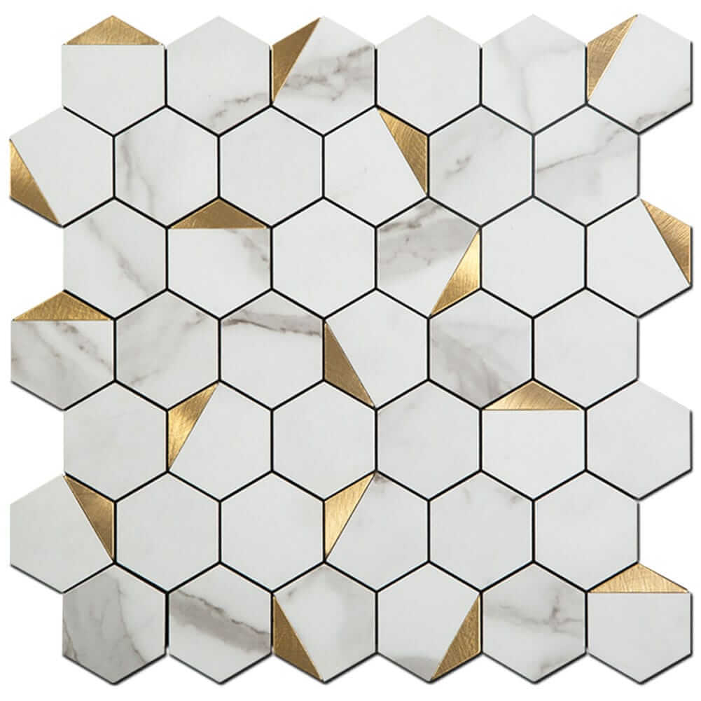 White Marble Grain with Gold Hexagon Peel and Stick Backsplash Tile (5-Pack)